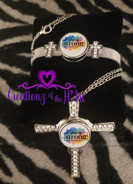 Cross Snap Charm Necklace & Bracelet Set